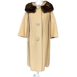 Vintage Stroock Wool Swing Coat‎ Womens Camel Mink Fur Collar Made USA 50s 60s